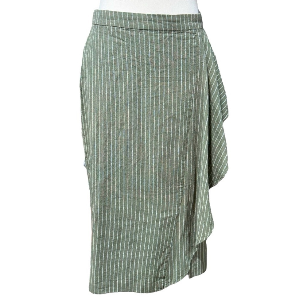 J Jill‎ Striped Linen Blend Midi Skirt Medium Green Ruffle Draped Career Spring